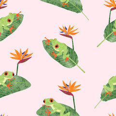 Seamless pattern with cute tree frogs and tropical flowers. Vector tropic watercolor background