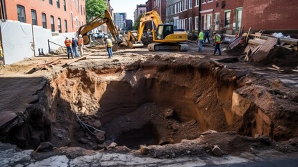 Excavation work commences, revealing a scene of purposeful digging, grading, and leveling to establish a solid platform for a new building's base. Generated by AI.