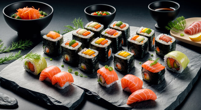 Assorted sushi nigiri and maki big set on slate. A variety of Japanese sushi with tuna, crab, salmon, eel and rolls. Generative AI