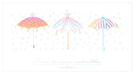 Design template with rainbow colored  doodle vintage umbrellas and place for your text. Vector sketch illustration.