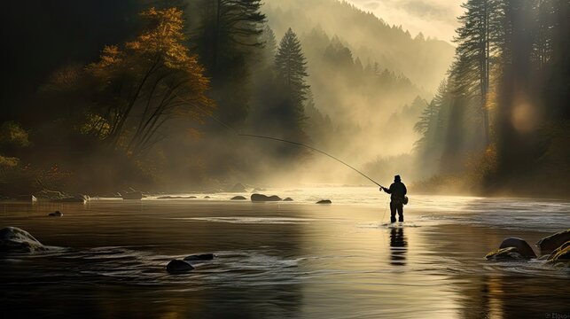 Fisherman delicately unhooks his catch, practicing the art of catch-and-release to ensure the fish's continued well-being. Generated by AI.