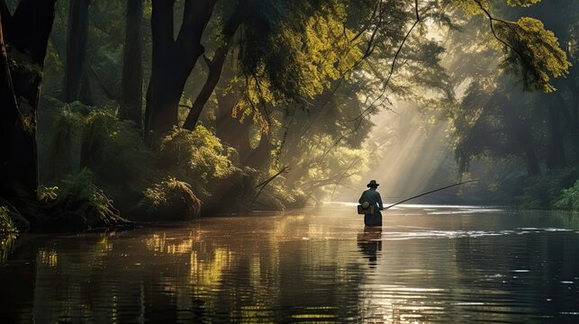 Fisherman casting his line into a tranquil lake, the water's surface mirroring the calm and peaceful surroundings. The rhythmic motion. Generated by AI.