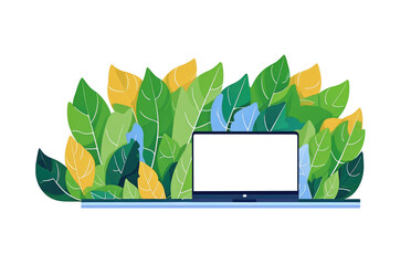Mockup laptop in nature and leaves. Concept illustration for working, freelancing, studying, education. illustration in flat cartoon style. white background