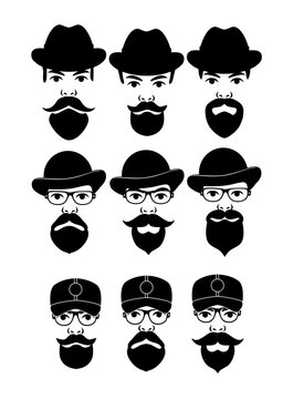 The heads of men with different headdresses and different shapes of beards and moustaches. A set of hipster avatars for social networks or a website. Icons of male faces. Vector illustration