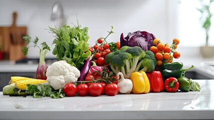 Fresh vegetables on the table in the background of a modern kitchen