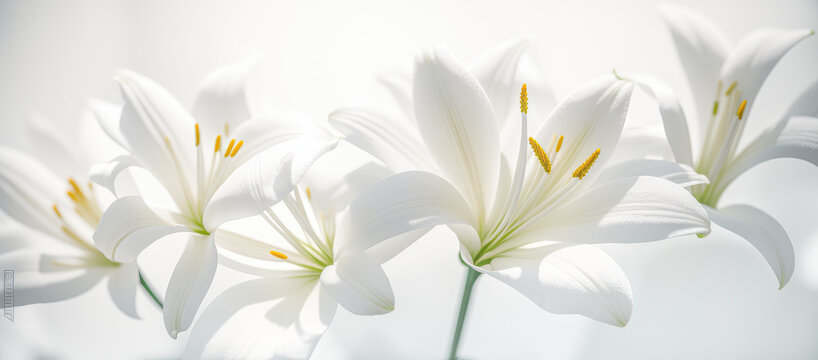 white lily flowers banner. Close up of white lily flowers on white background. wide banner. Generative AI
