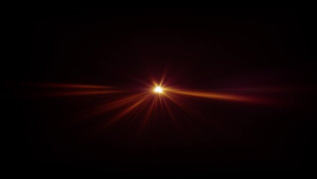 Loop center  glow gold orange red star rays light optical lens flares shine animation art on black abstracrt background for screen project overlay. Lighting lamp rays effect dynamic bright video