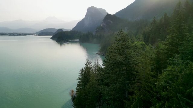 Aerial view of Howe Sound coastline and Stawamus Chief and Mount Garibaldi, Squamish, BC, Canada