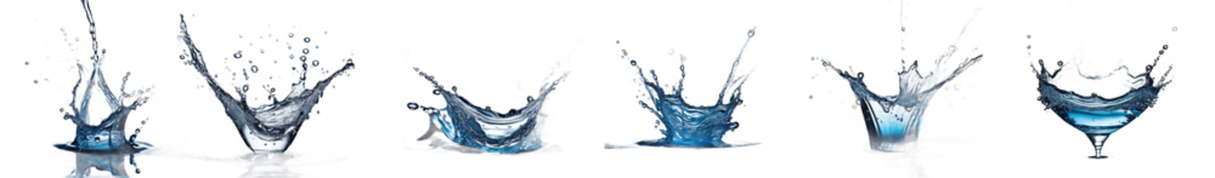 Colecci&oacute;n de salpicaduras de agua sin fondo. Conjunto de agua azul y gotas aisladas con fondo transparente. Creada con herramientas generativas de IA.
