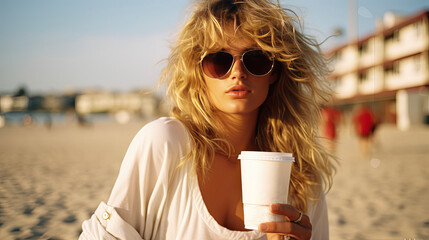 1980s photo a blonde woman with aviator sunglasses holding a take away cup on a sunny beach