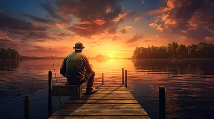 Fisherman patiently waiting on a dock, silhouetted against a picturesque sunset. The warm hues of the setting sun cast a golden glow on the water's surface. Generated by AI.