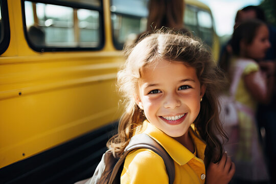 Generative AI image of happy little girl with backpack smiling and looking at camera while standing near yellow school bus