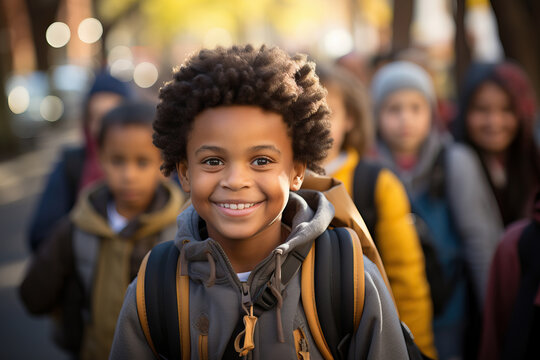 Generative AI image of happy African American boy in jacket with backpack looking at camera and smiling while standing near school bus