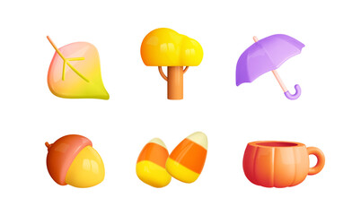 Autumn 3d icon set. Fall leaf, oak tree, umbrella,pumpkin cup, candy, acorn. Vector elements in carton plastic style