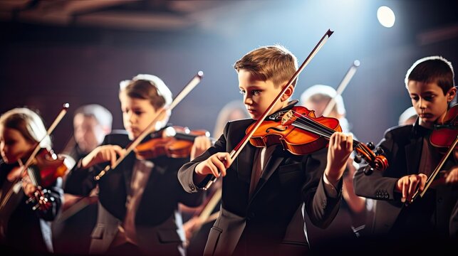 School orchestra as they grace the stage, their instruments coming together to create a breathtaking performance at a music recital. Generated by AI.