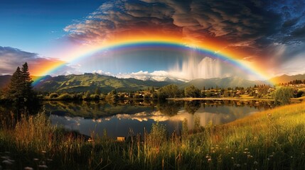 Spectacular and vibrant double rainbow gracing the landscape, a captivating symphony of colors that paints a stunning visual tapestry across the heavens. Generated by AI.