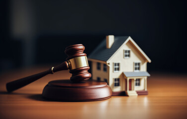 Judge gavel and house Model on wooden background. Concept of real estate auction or dividing house when divorce, division of property, real estate, law system. Generative AI