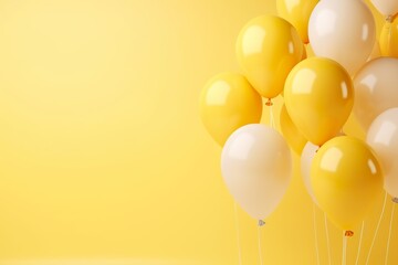 close up of yellow tone balloons flying in the air, levitation, yellow pastel background for design with copy space