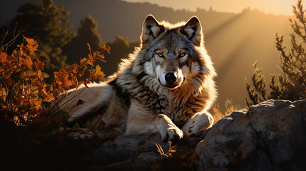 Wolf in forest at sunrise. Generative AI
