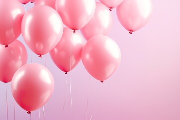  close up of pink tone balloons flying in the air, levitation,pink pastel background for design with copy space