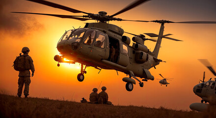 Fototapeta na wymiar Military helicopter landing in desert. Military scene against the backdrop of fire and bright sunset. military helicopter transports soldiers. Generative AI