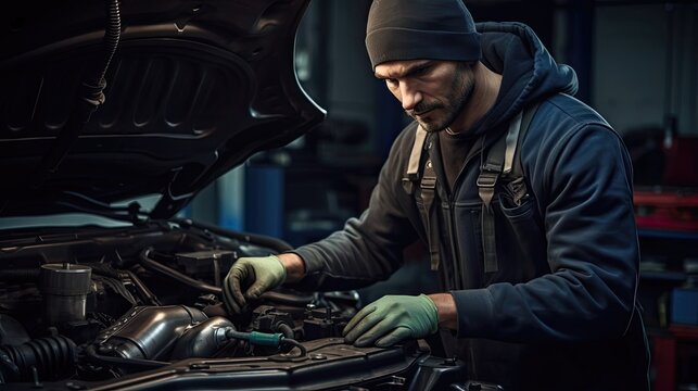 Technician expertly fine-tunes the car's timing belt, ensuring precise coordination of the engine's movements, contributing to reliable and well-timed power delivery. Generated by AI.