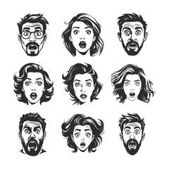 Nine vector illustrations of surprised individuals, both men and women