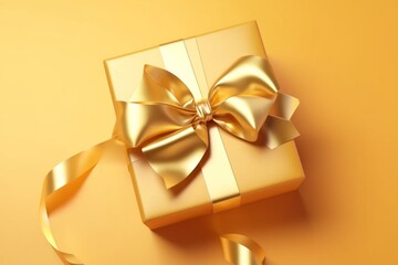 Yellow Gift box with satin ribbon and bow on Violet background. Generative AI