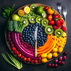 Fruits and vegetables arranged in a colorful rainbow with one generative AI