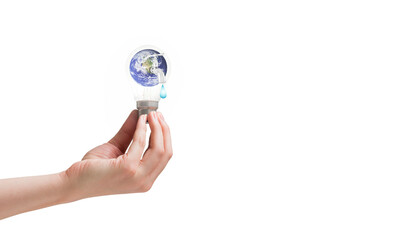 Digital png illustration of hand holding lightbulb with globe on transparent background