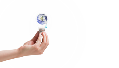Digital png illustration of hand holding lightbulb with globe on transparent background