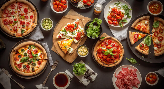 Top view on freshly prepared pizza and delicious varieties dishes on black table. Pizza party dinner. Flat lay of various kinds of pizza on table, top view, wide composition. Generative AI