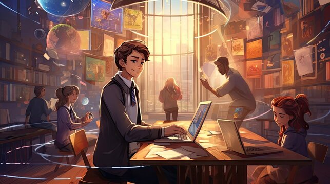 Cirtual classroom where students and their teacher engage in a vibrant video discussion, seamlessly bridging distances and fostering interactive learning through digital technology. Generated by AI.