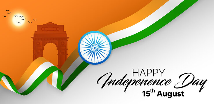 Happy Independence day India Poster Indian flag ribbon Indian gate