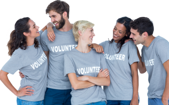 Digital png photo of happy diverse volunteers embracing on transparent background