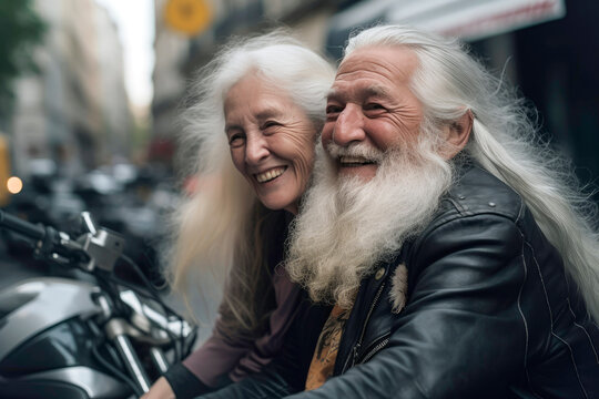 Generative AI image side view of cheerful elderly couple wearing leather jackets spending time together on city street and looking away
