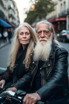 Generative AI image of serious elderly couple wearing leather jackets spending time together on city street and looking at camera