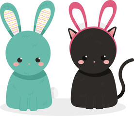 Digital png illustration of cat with rabbit ears and rabbit on transparent background