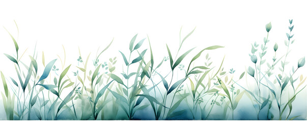Fototapeta na wymiar Green plants, wild field landscape watercolor banner 