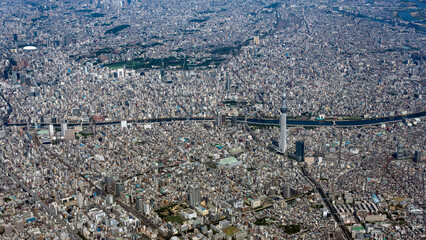 Aerial view of Tokyo central area with Tokyo Skytree at daytime.
