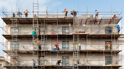Workers employ scaffolding to reach and repair the exterior of a building, their calculated actions and attention to detail enabling. Generated by AI.