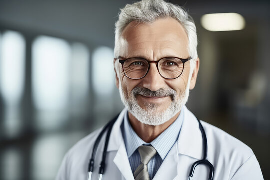 Generative AI Image Of Portrait Of Mature Male Doctor In Eyeglasses Looking At Camera While Standing With Stethoscope In Blurred Hallway In Daylight