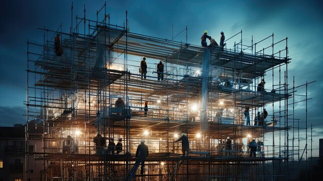 Workers using scaffolding to access and repair the exterior of a construction, their strategic placement and methodical approach allowing them to carry out maintenance tasks. Generated by AI.