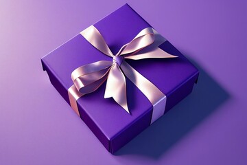 Violet Gift box with satin ribbon and bow on Violet background. Generative AI