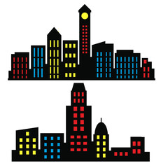 Landscape set of buildings silhouetted on white background.