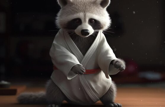 A raccoon dressed in a kimono sitting on a table. Generative ai