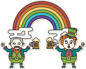 Digital png illustration of leprauchons with beer and rainbow on transparent background