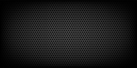 Dark grey abstract wide horizontal banner with hexagon carbon fiber grid and orange luminous lines. Technology vector background with orange neon lines.