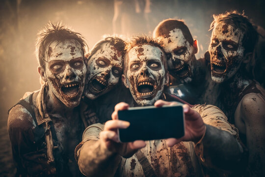 Ghoulish Groupfie: Zombies Capturing the Frightful Moment. Ai generative