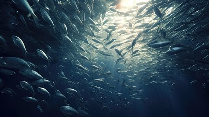 Fototapeta na wymiar A majestic underwater shot captures the awe-inspiring spectacle of a massive school of fish swirling and swarming around in perfect harmony beneath the waves. Generated by AI.